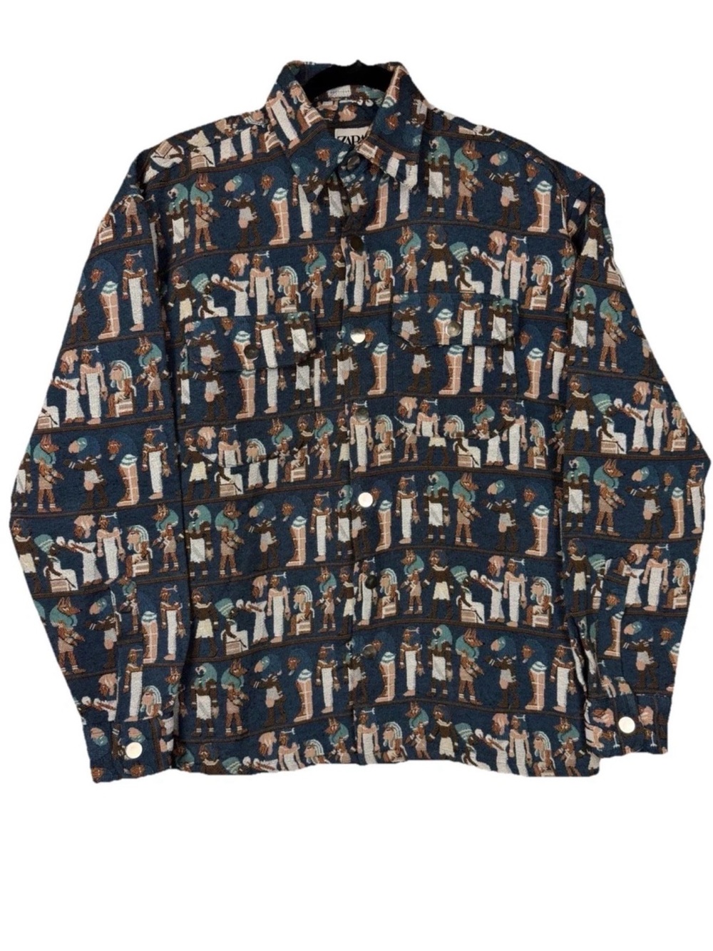 Rare Men’s Zara Navy Egyptian Novelty Pattern Button-Down Jacket Size XL (Italy)